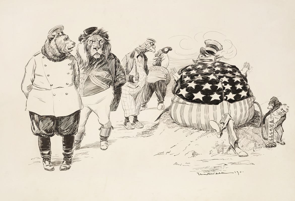 William Henry Walker - Animals representing Russia, England, France, and an unidentified bird watch the United States eagle be inflated by the Trusts.