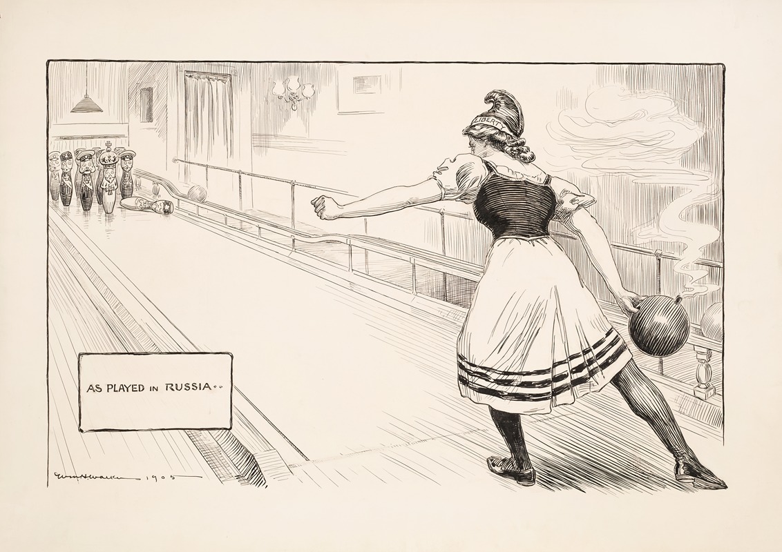 William Henry Walker - As played in Russia; a woman representing Liberty is bowling