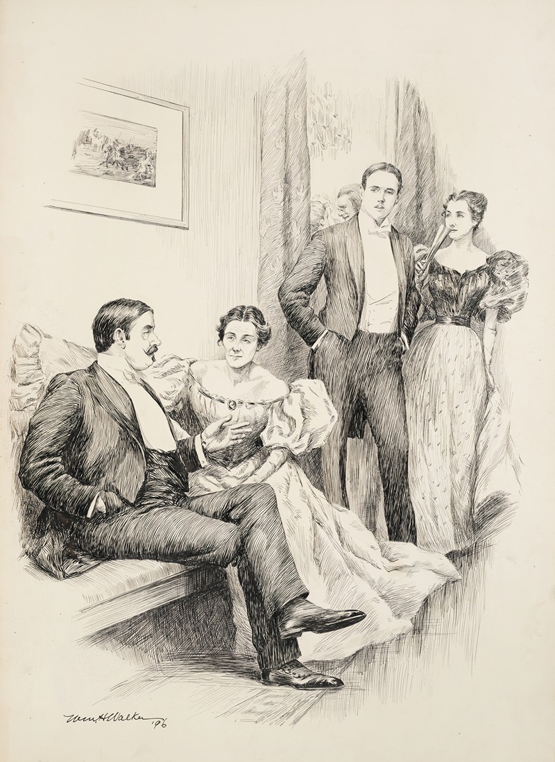 William Henry Walker - At a party, an older couple sit together while a younger couple walk passed them.