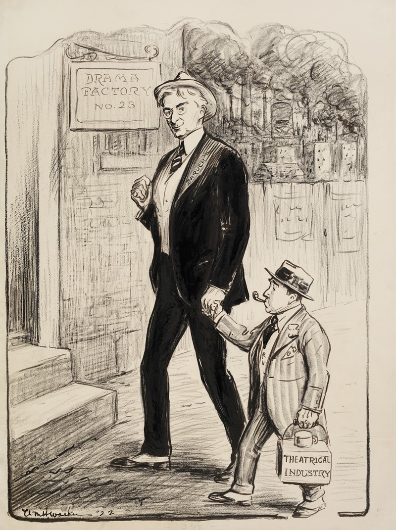 William Henry Walker - Bernard Baruch leads a small man representing the theatrical industry by the hand to a building labeled ‘drama factory no. 25.’