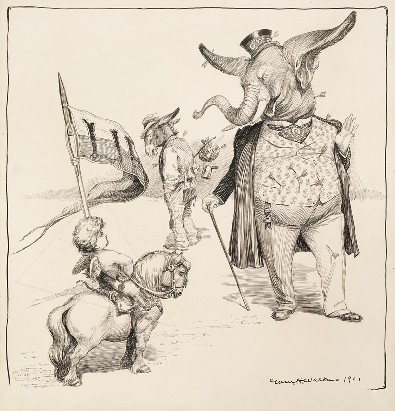 William Henry Walker - Both the wealthy Republican Party elephant and poor Democratic Party donkey have been struck by several arrows from a cherub