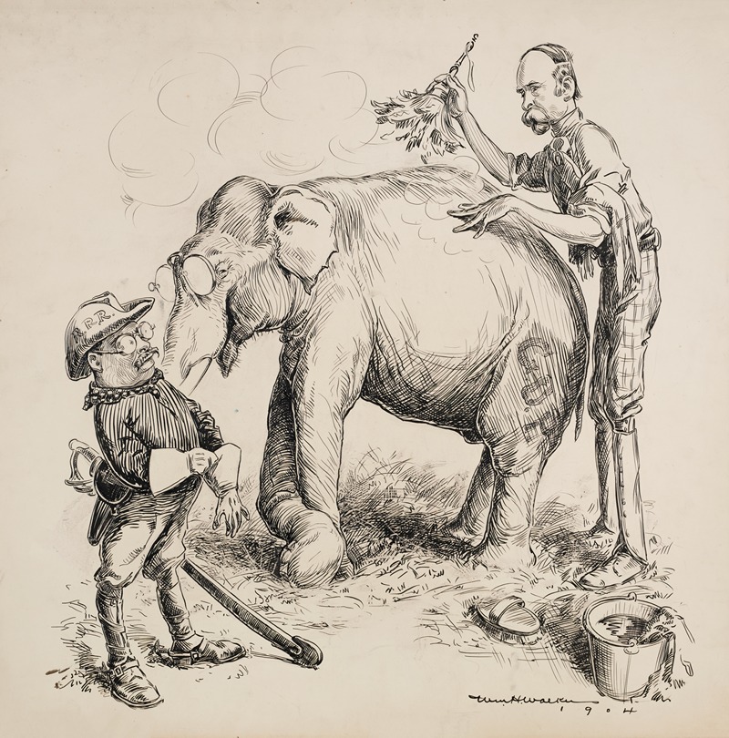 William Henry Walker - Charles Fairbanks washes the Republican Party elephant for Theodore Roosevelt, who prepares to ride it