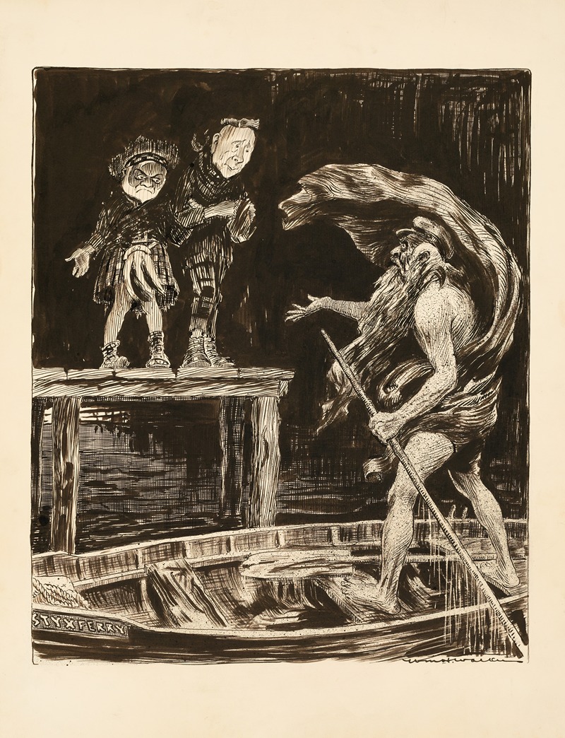 William Henry Walker - Cheron beckons two men to enter the boat to take them across the Styx to Hades, but they will not enter.