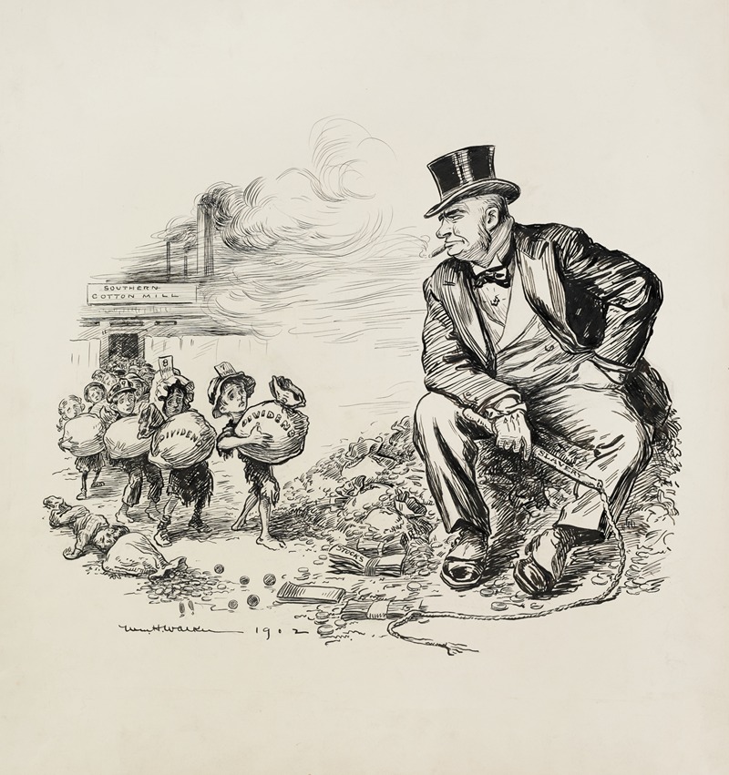 William Henry Walker - Children in rags, carry bags of dividends from a southern cotton mill to a rich man sitting on a pile of money