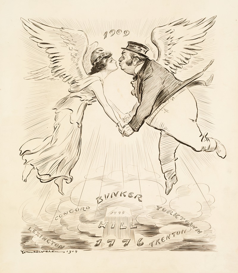 William Henry Walker - Columbia (United States) and John Bull (Great Britain) with wings fly, hold hands, and kiss in the year 1909