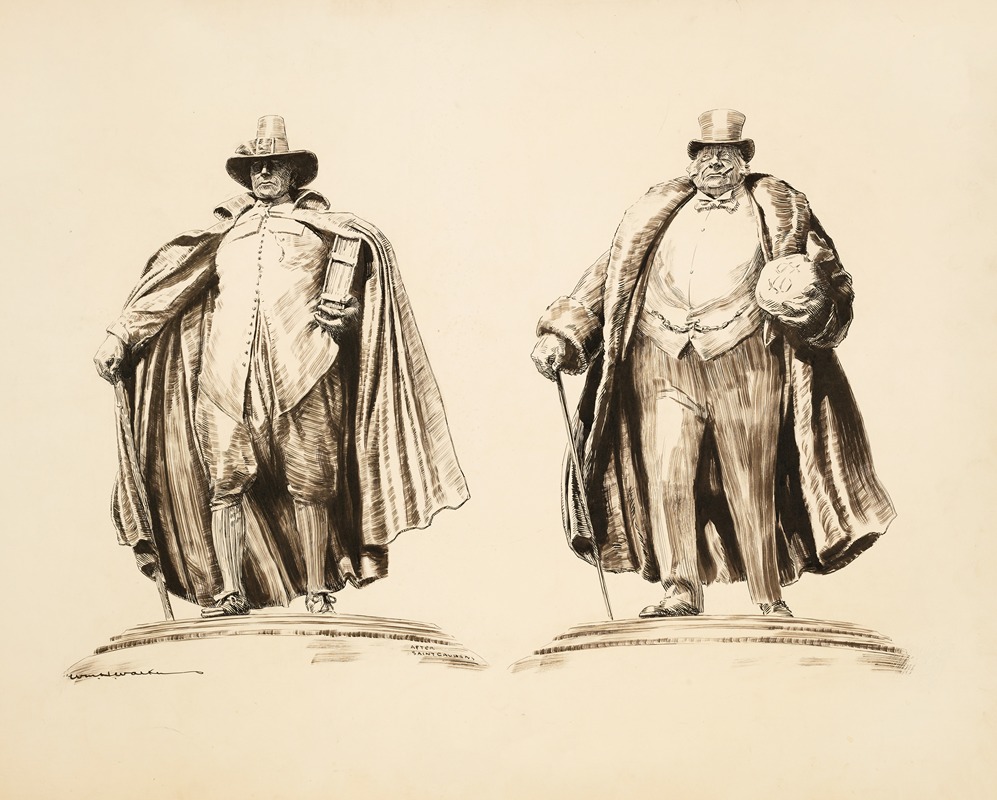 William Henry Walker - Drawing of two men, one in Puritan dress with a large book, the other in wealthy dress with a bag of money.