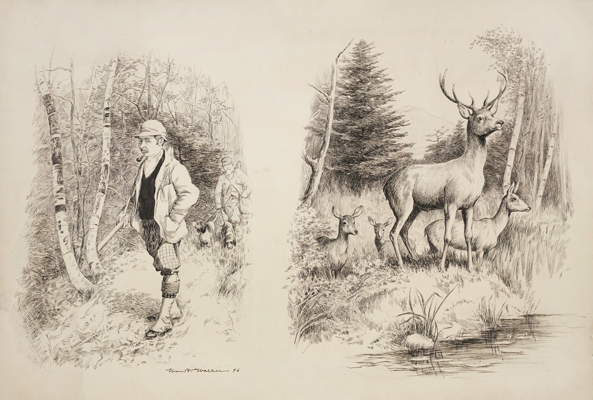 William Henry Walker - family of deer stand by a stream, alert