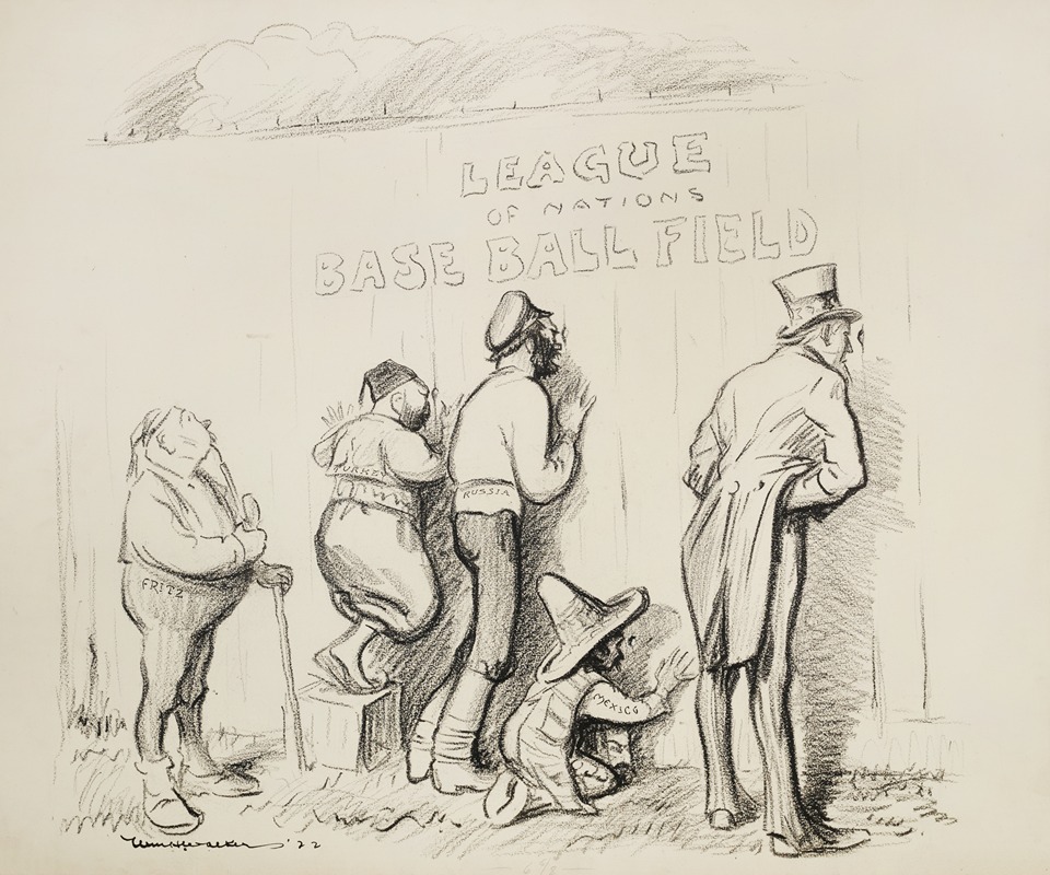 William Henry Walker - Five men, Fritz, Turkey, Russia, Mexico, and Uncle Sam, peer through holes in the wall of the ‘League of Nations Base Ball Field’