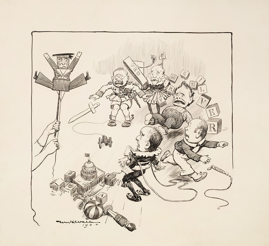 William Henry Walker - Five men, including Theodore Roosevelt, are depicted as children and playing with blocks that spell ‘free silver’