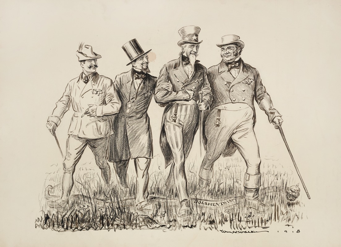 William Henry Walker - Four men walk happily together through a field, including Uncle Sam and a man representing Great Britain