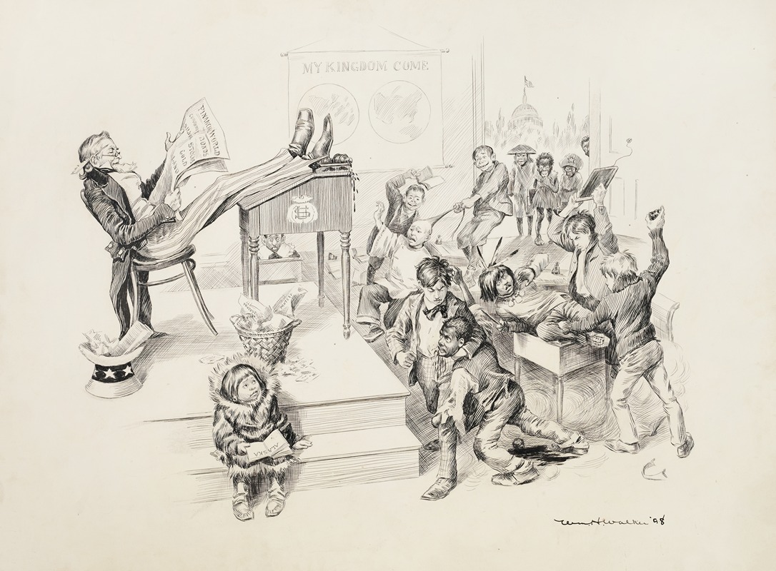 William Henry Walker - In a classroom, Uncle Sam is the teacher, ignoring the students and reading about finance