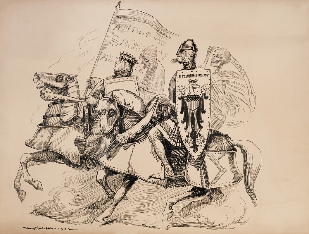 William Henry Walker - John Bull (Great Britain) and Uncle Sam ride into battle in medieval armor