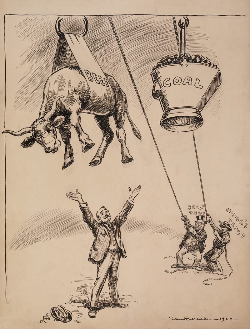 William Henry Walker - Men representing the Beef and Miner’s Trusts pull beef and coal out of the reach of a man representing consumers.