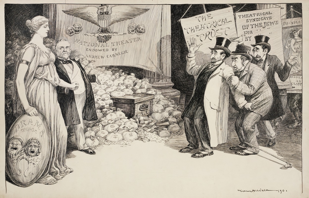 William Henry Walker - Men with signs reading ‘Theatrical Trust’ and ‘Theatrical Syndicate of the Jews’ are frightened by the approach of a woman, representing Drama