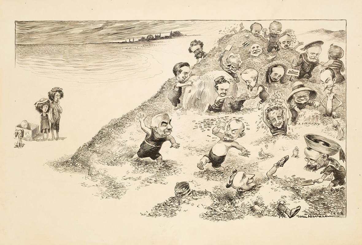 William Henry Walker - Men, including Andrew Carnegie, play on a beach made of coins, watched by three poor children and their dogs.