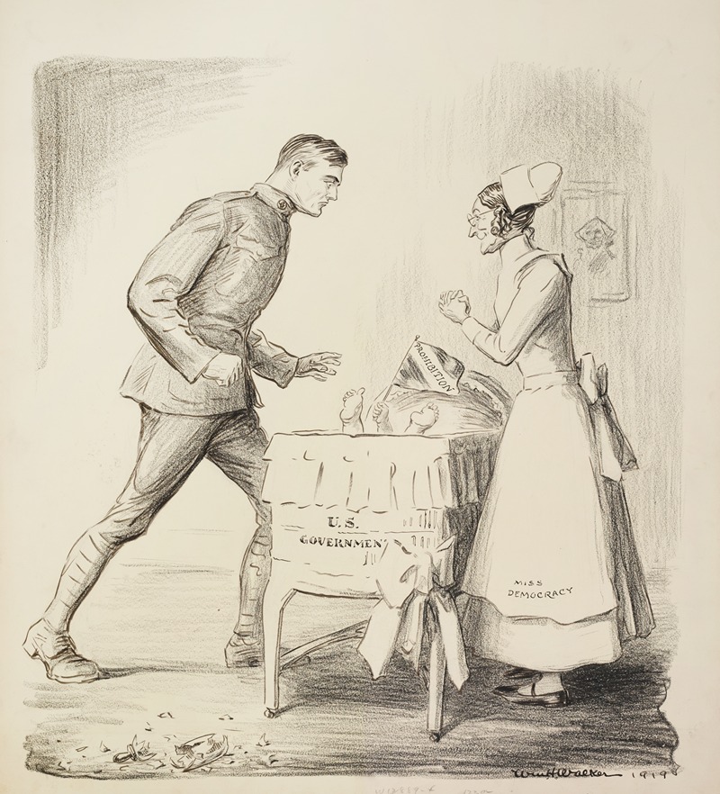 William Henry Walker - Miss Democracy, depicted as a nurse, tends to a baby representing Prohibition in a crib representing the United States government