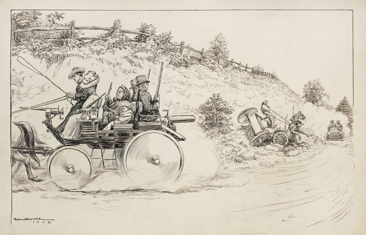 William Henry Walker - Motorists cause a horse and wagon to crash, but approach another wagon where each member of the family carries a gun for protection.