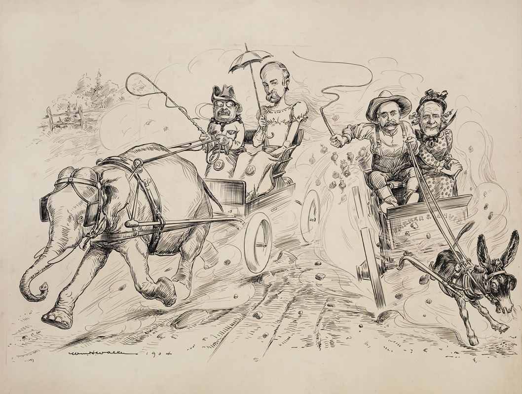 William Henry Walker - President Theodore Roosevelt and Vice Presidential candidate Charles Fairbanks (depicted as a woman) ride together in a carriage