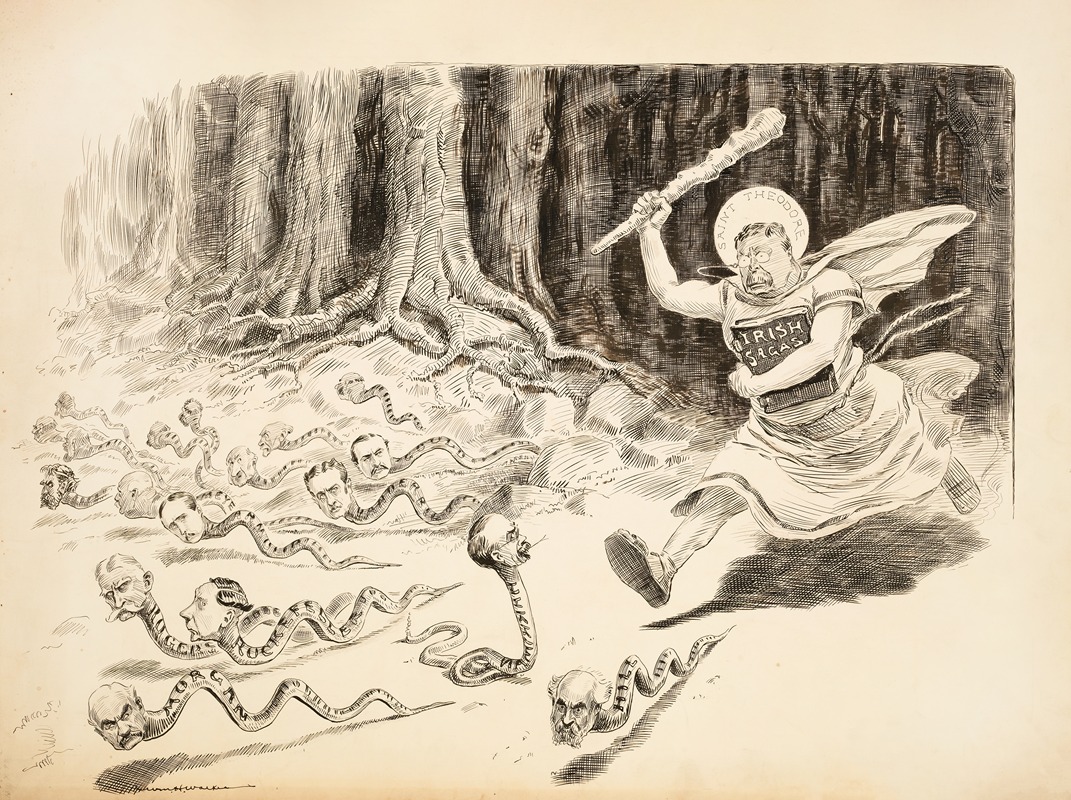 William Henry Walker - President Theodore Roosevelt, depicted as St. Patrick, chases snakes with the heads of men