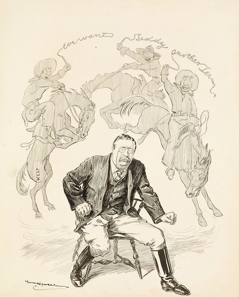 William Henry Walker - President Theodore Roosevelt, ready to leave his chair, is haunted by three cowboys representing the West