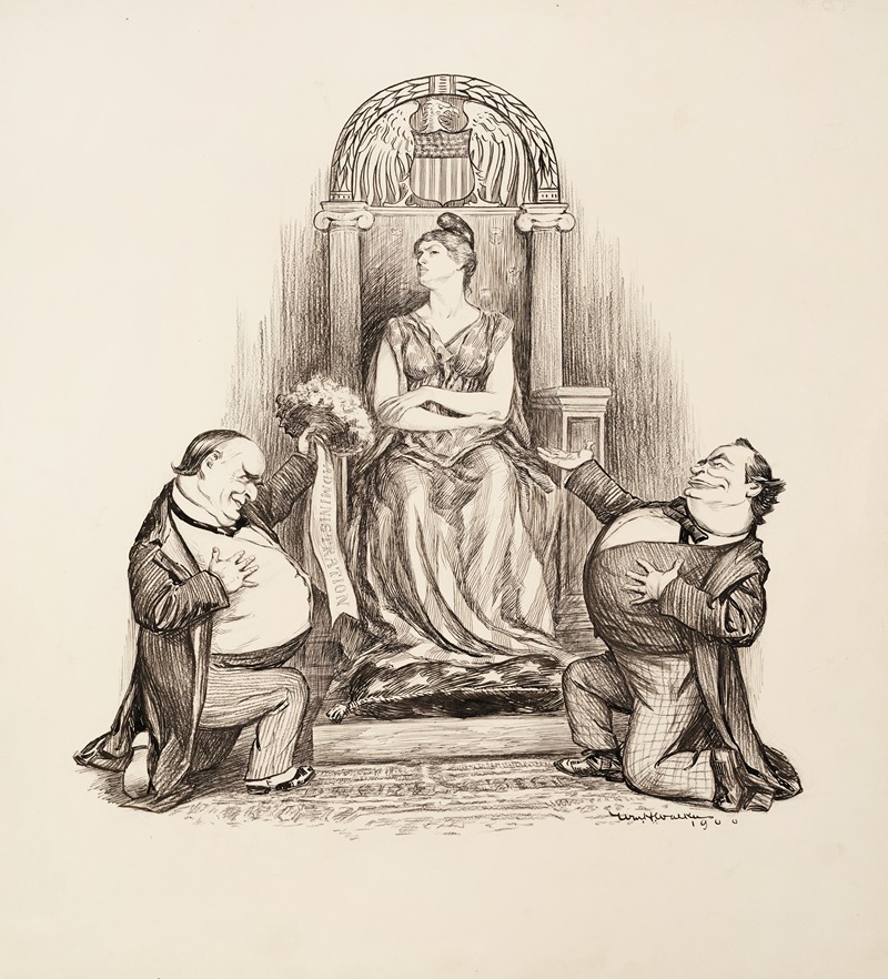 William Henry Walker - President William McKinley (Republican) and his opponent William Jennings Bryan (Democrat) both try to woe a woman sitting on a throne