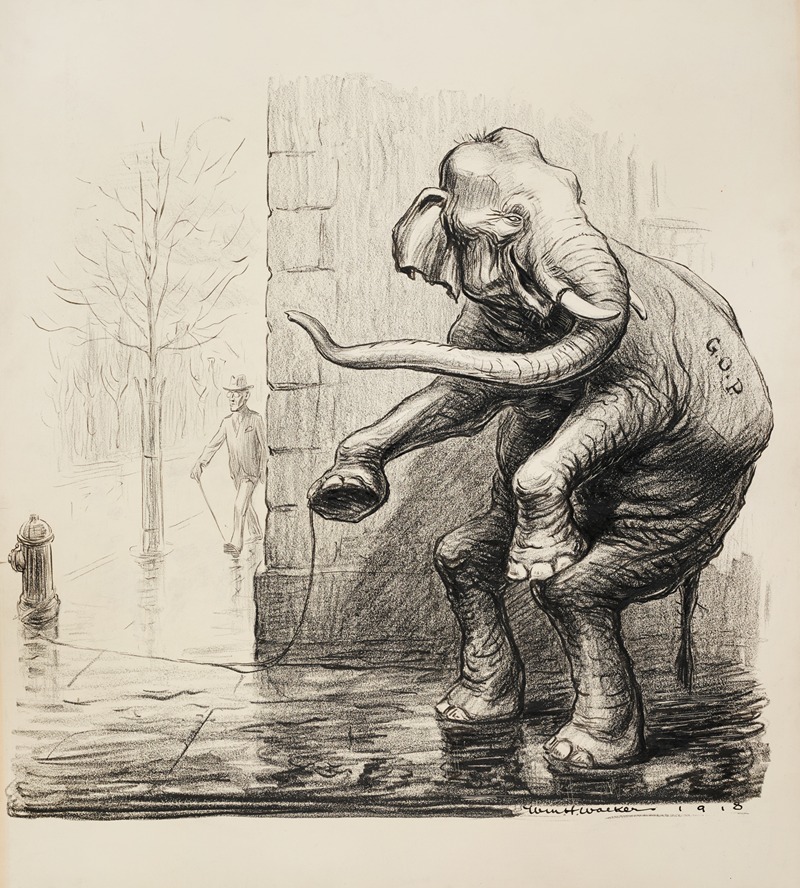 William Henry Walker - President Woodrow Wilson walks calmly down the street as the Republican Party elphant hides around the corner