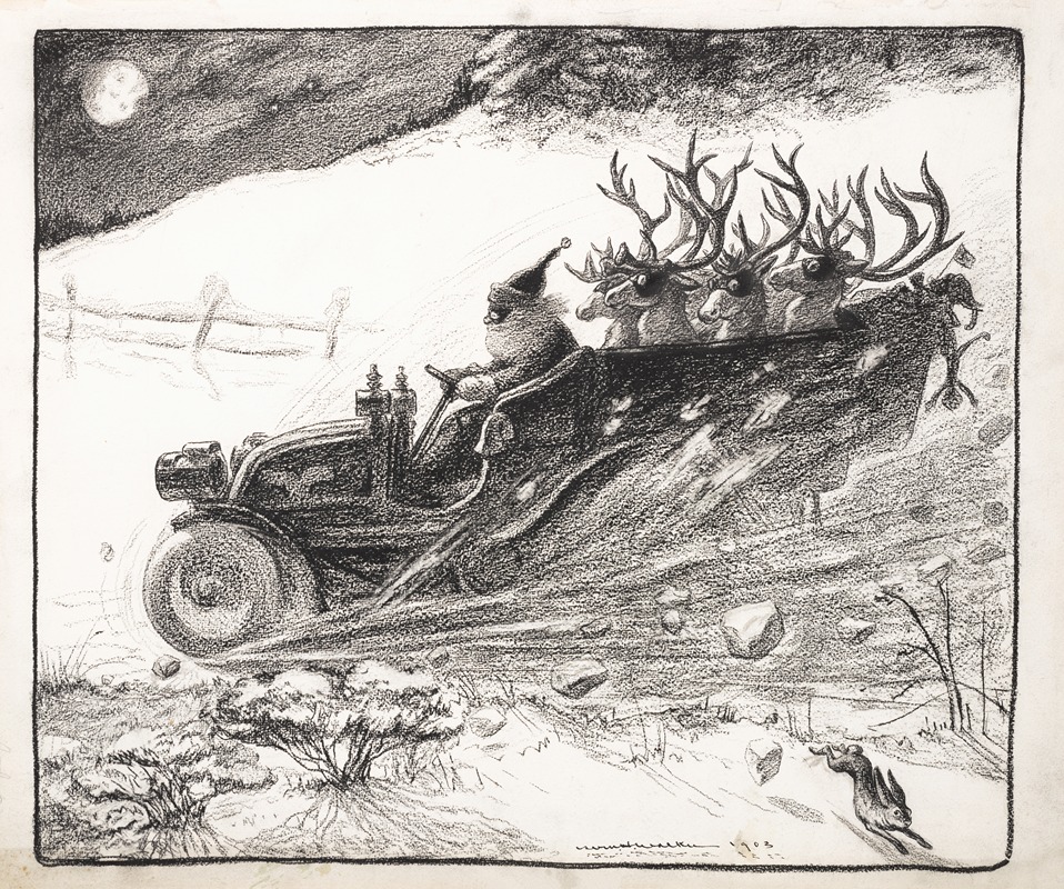 William Henry Walker - Santa Claus speeding down the road in a motorized sleigh; reindeer seated in back.