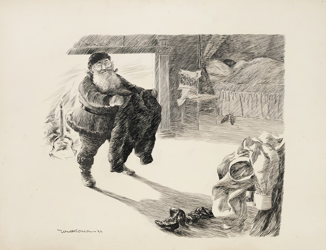 William Henry Walker - Santa Claus stands in a bedroom where someone is sleeping, in front of a fire, holding a pair of pants.