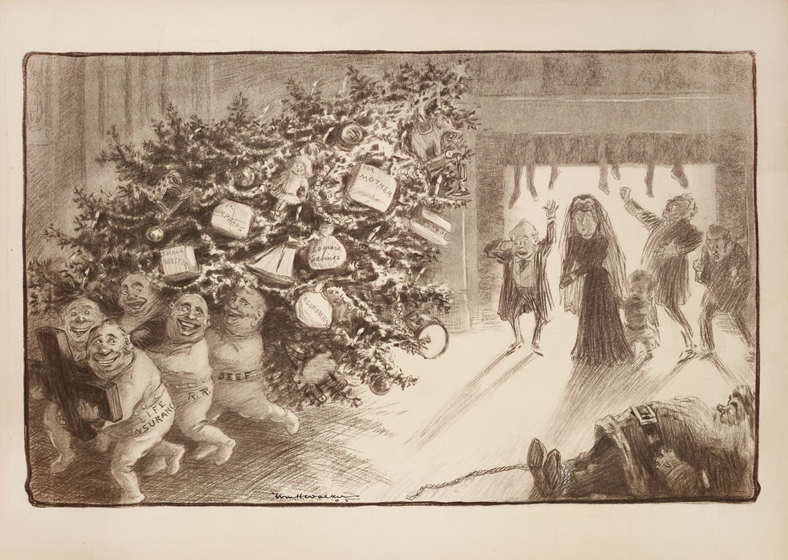 William Henry Walker - Several figures representing trusts (Beef, Rail Road, and Life Insurance) tied up Santa and are stealing a family’s Christmas tree and all of their presents