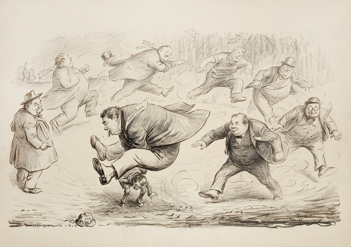 William Henry Walker - Several large men run in a circle and jump over a small man representing the public, oppressing him