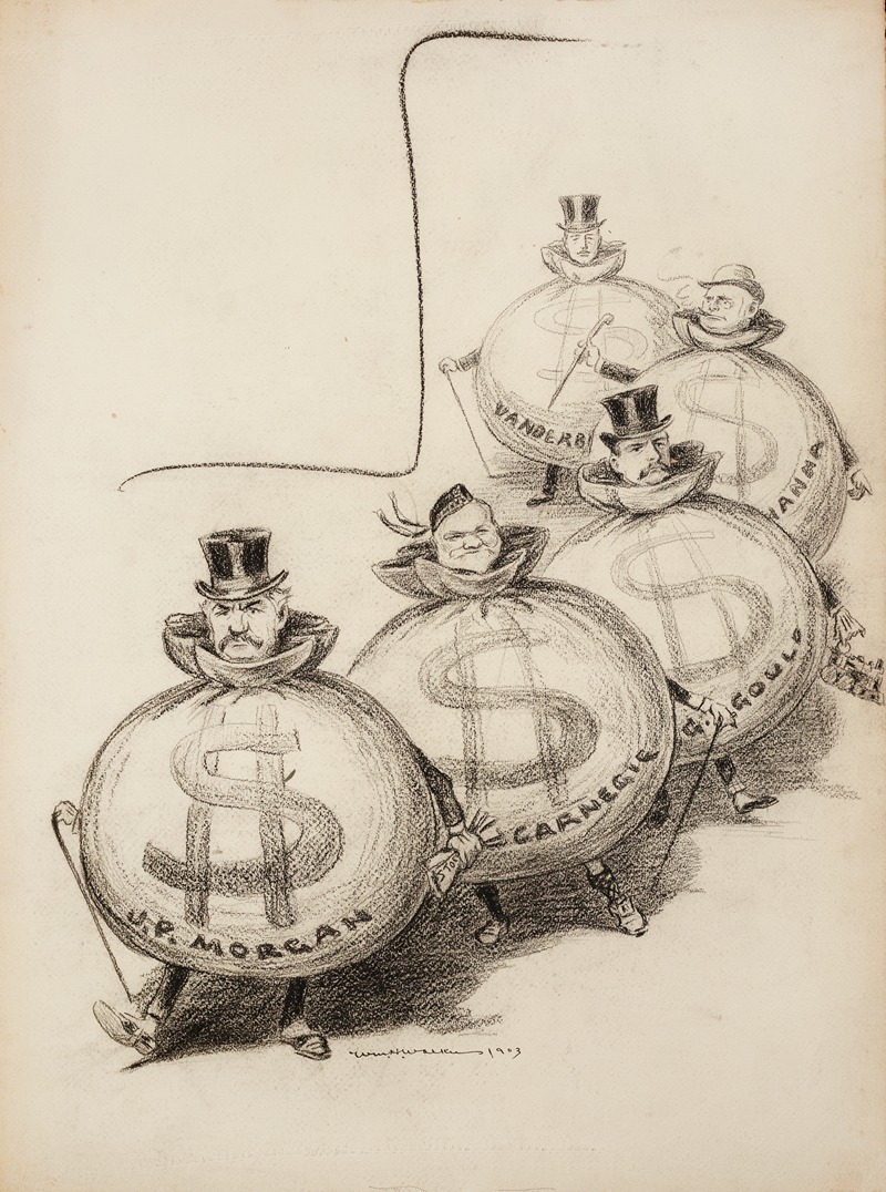 William Henry Walker - Several men depicted as fat bags of money; J.P. Morgan, Andrew Carnegie, G. Gould, Hanna, and Vanderbilt.