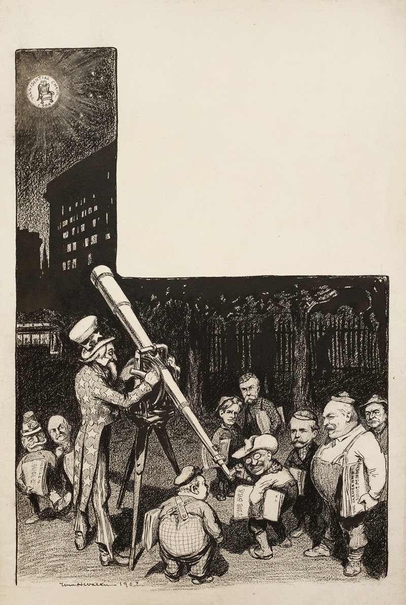 William Henry Walker - Several men line up to see through a telescope run by Uncle Sam to look at the moon, which has on it the Presidential chair