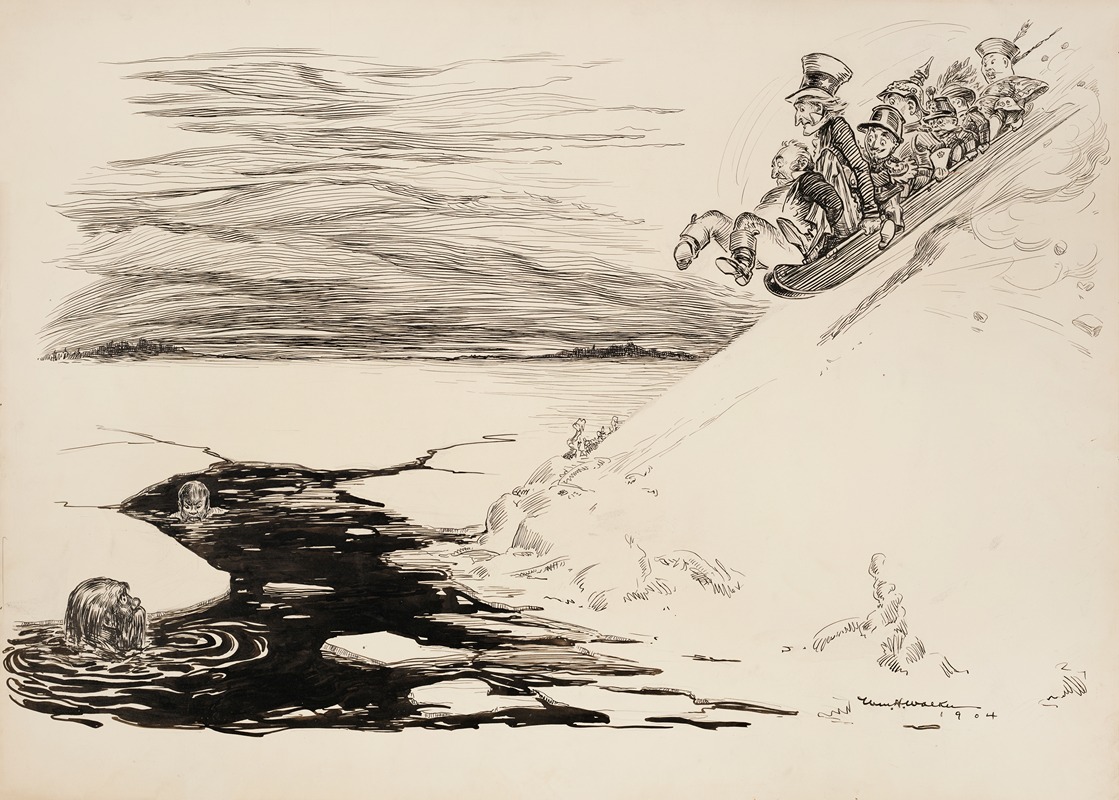 William Henry Walker - Several men on a toboggan slide down a slope towards a hole in the ice below