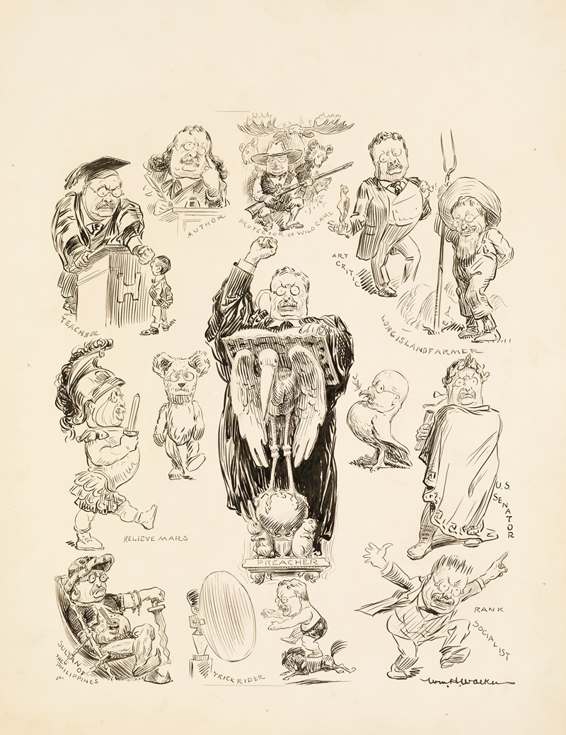 William Henry Walker - Several portraits of Theodore Roosevelt in different professions. In the center portrait, he is speaking at a podium.