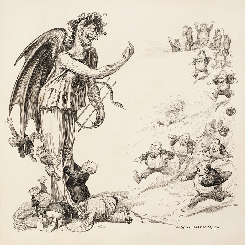 William Henry Walker - Small men in suits run towards a demon, representing the Trusts, and kiss his feet