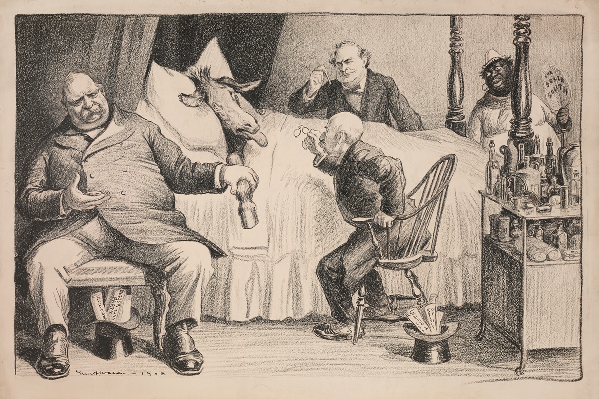 William Henry Walker - The Democratic Party donkey is ill in bed, tended by doctors Grover Cleveland, David B. Hill, and William Jennings Bryan