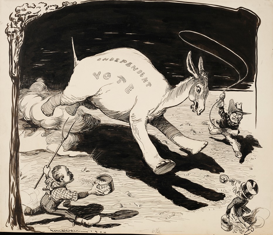 William Henry Walker - The Independent Vote, depicted as an elephant with a donkey head, is chased by Theodore Roosevelt, Swallow, and Esop.