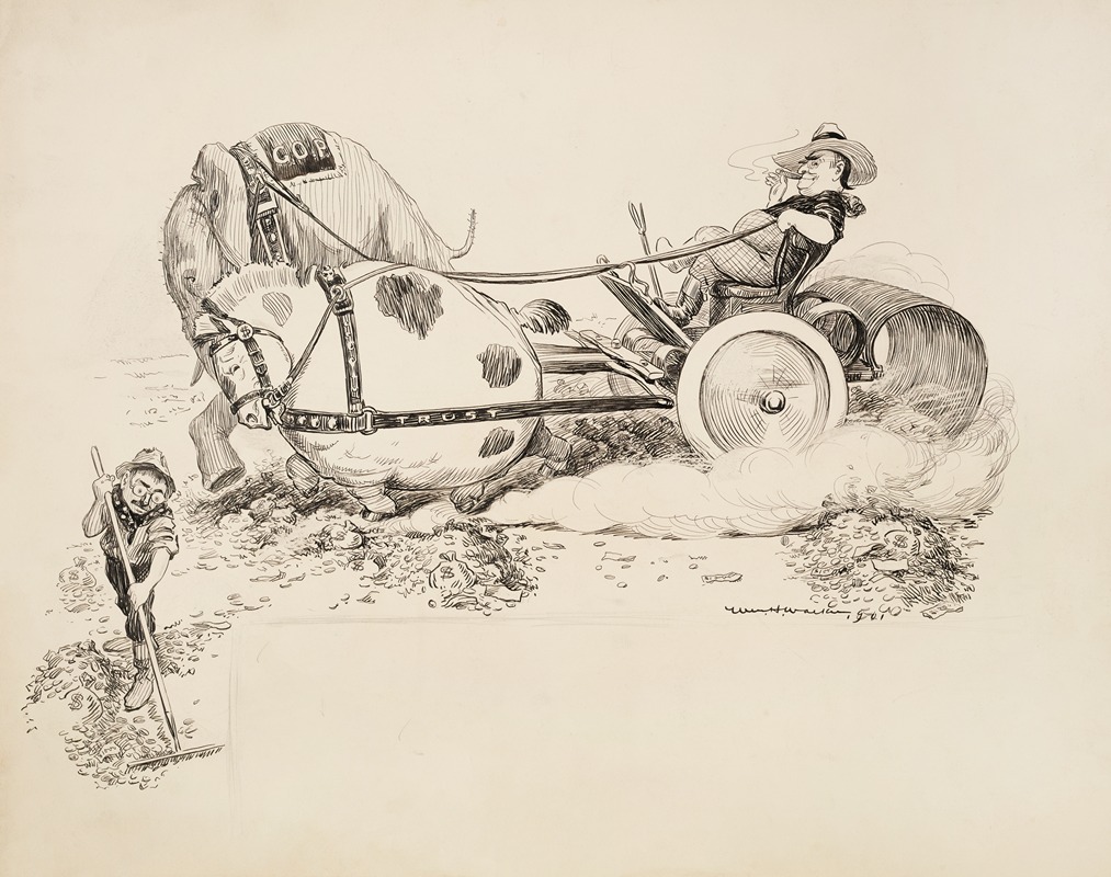 William Henry Walker - The Republican Party elephant and a fat horse representing the Trusts are hitched together on a plow that is harvesting money.