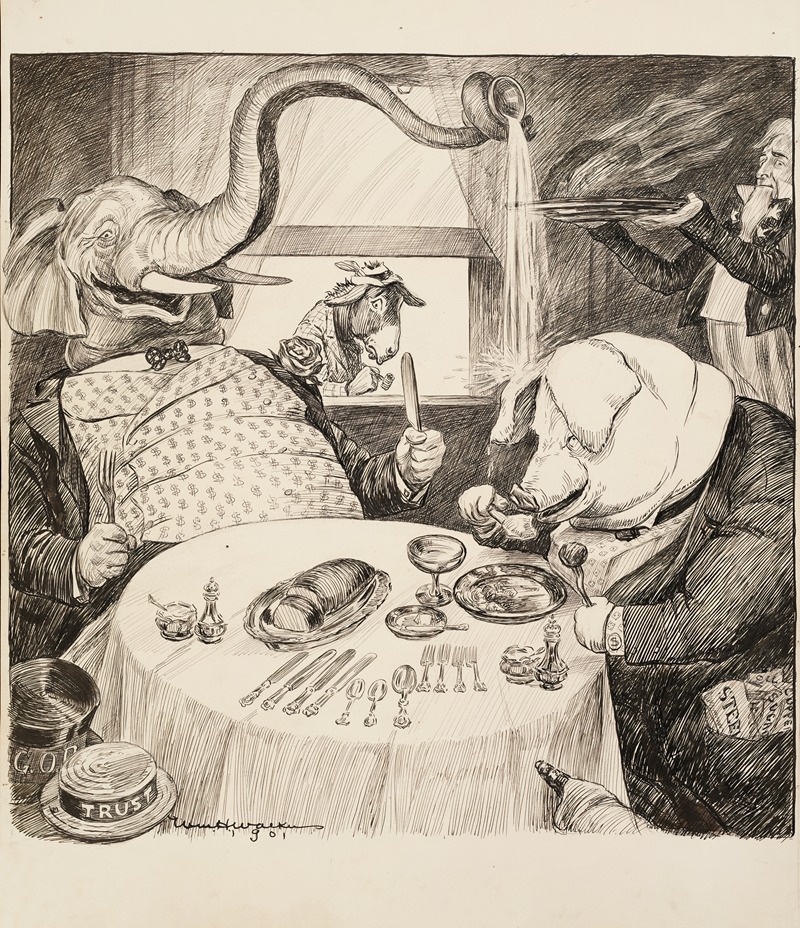 William Henry Walker - The Republican Party elephant and a pig representing the Trusts (including steel, copper, sugar, and oil) eat a fancy feast served to them by Uncle Sam