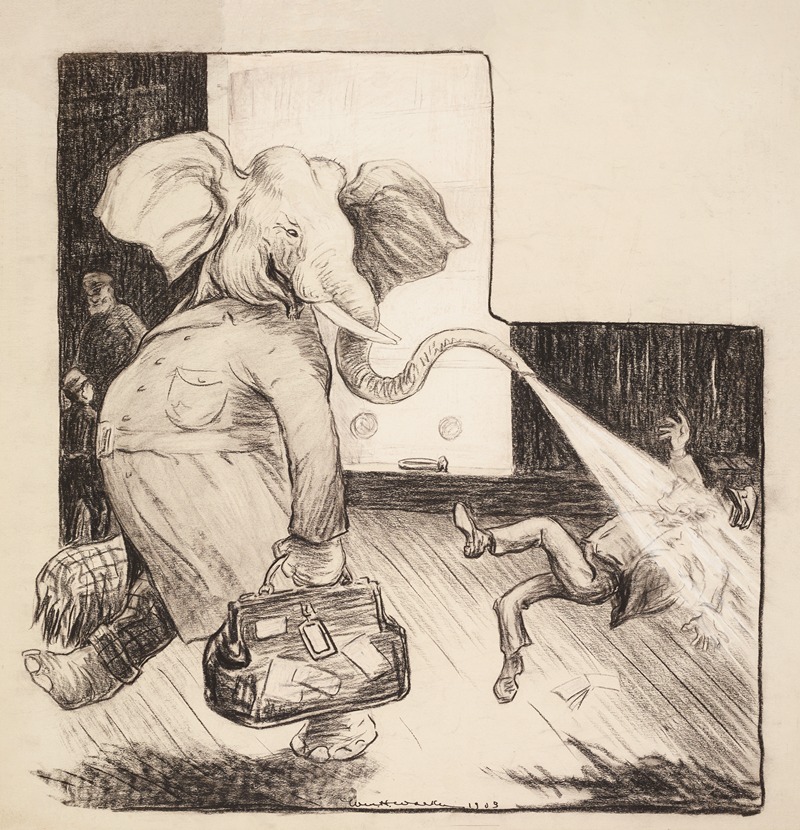 William Henry Walker - The Republican Party elephant blasts a man walking behind him with water from his trunk