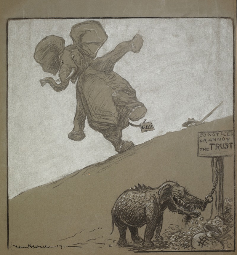 William Henry Walker - The Republican Party elephant reacts in fear to a part reptile, part elephant creature