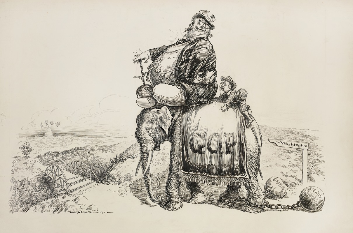 William Henry Walker - The Republican Party elephant struggling to walk towards Washington in 1904, with weights representing Cuba and high tariffs tied to its ankles