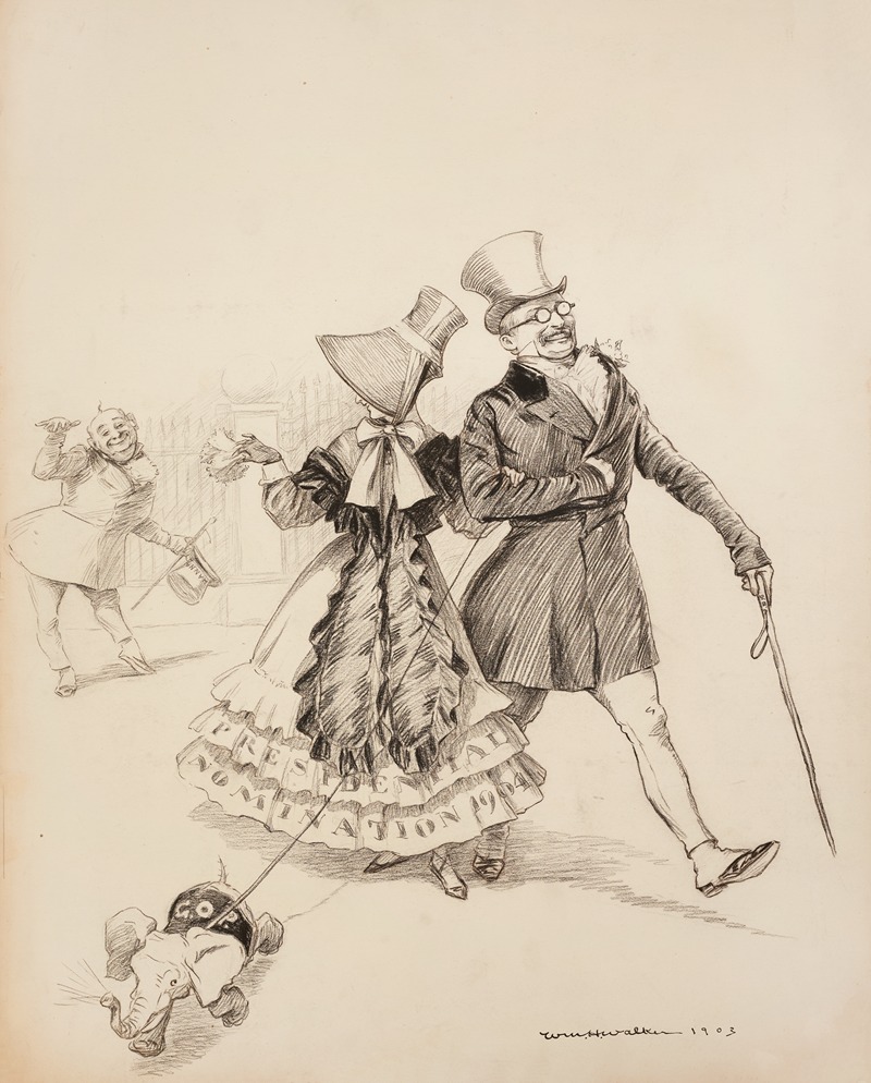 William Henry Walker - The Republican presidential nomination for 1904, depicted as a woman, walks with Theodore Roosevelt but flirts with Senator Hanna