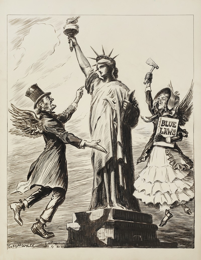 William Henry Walker - The Statue of Liberty is attacked by a man representing Prohibition and a woman representing Blue Laws.