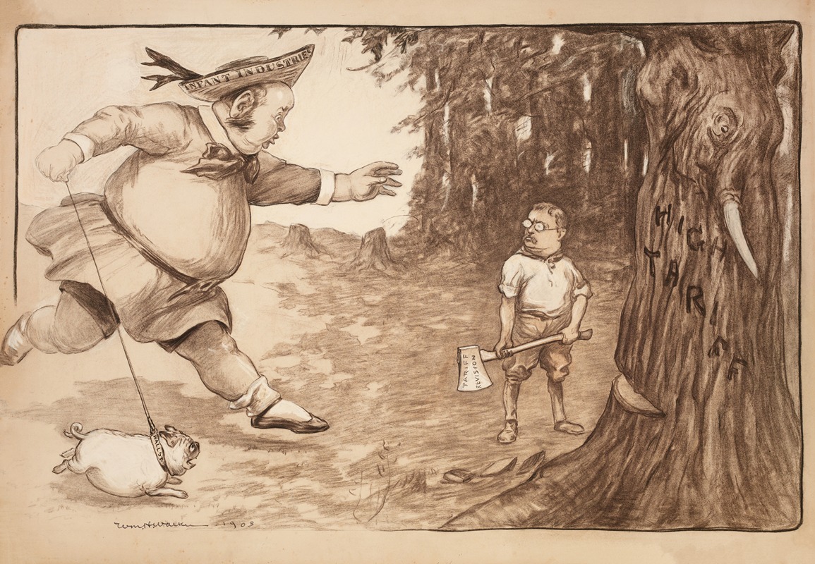 William Henry Walker - Theodore Roosevelt chops down a tree representing high tariffs with an ax representing tariff reform