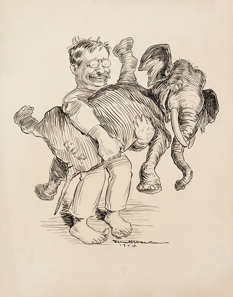 William Henry Walker - Theodore Roosevelt holding the Republican Party elephant. Both are laughing.