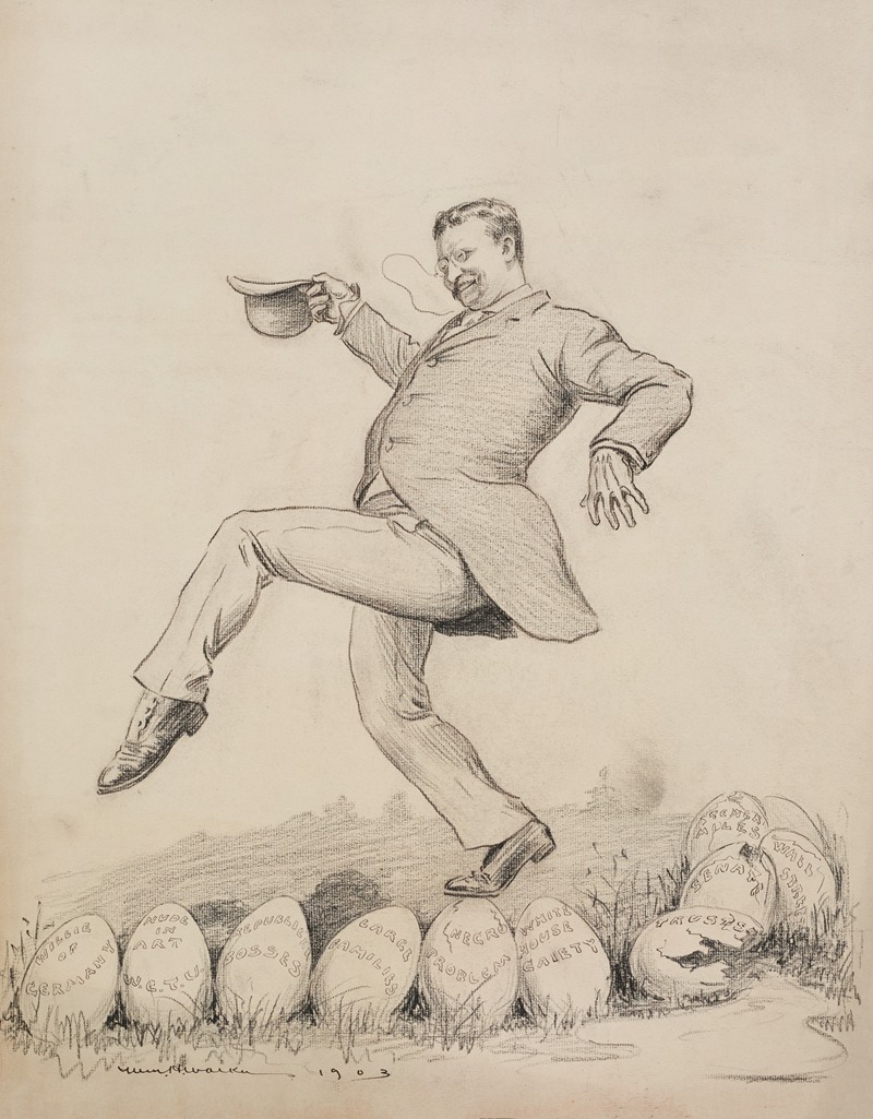 William Henry Walker - Theodore Roosevelt stepping lightly over eggs that represent potential problems