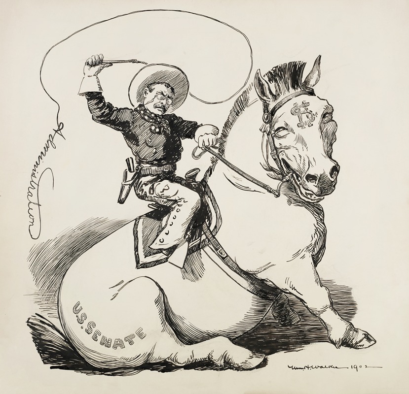 William Henry Walker - Theodore Roosevelt, depicted as a cowboy, tries to ride a horse representing the Senate but it sits down.