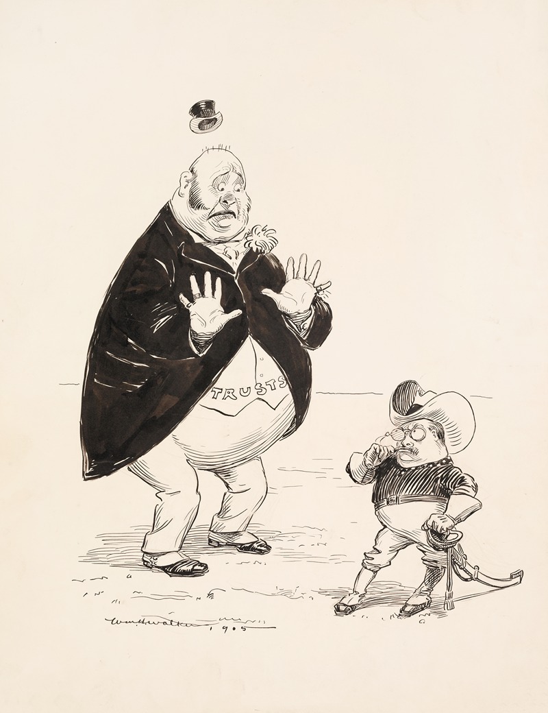 William Henry Walker - Theodore Roosevelt, dressed as a cowboy and carrying a sword, threatens a much larger, scared man representing the Trusts.