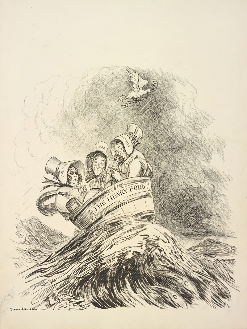 William Henry Walker - Three men dressed as women with bonnets reading Faith, Hope, and Charity ride on a stormy sea in a washtub labeled ‘The Henry Ford’